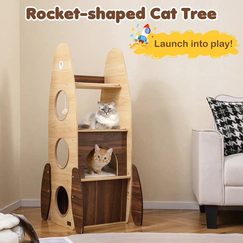 Rocket Cat Tree 47 Inch Large Wooden Cat Tower for Indoor Cats-Natural by DirectDeals