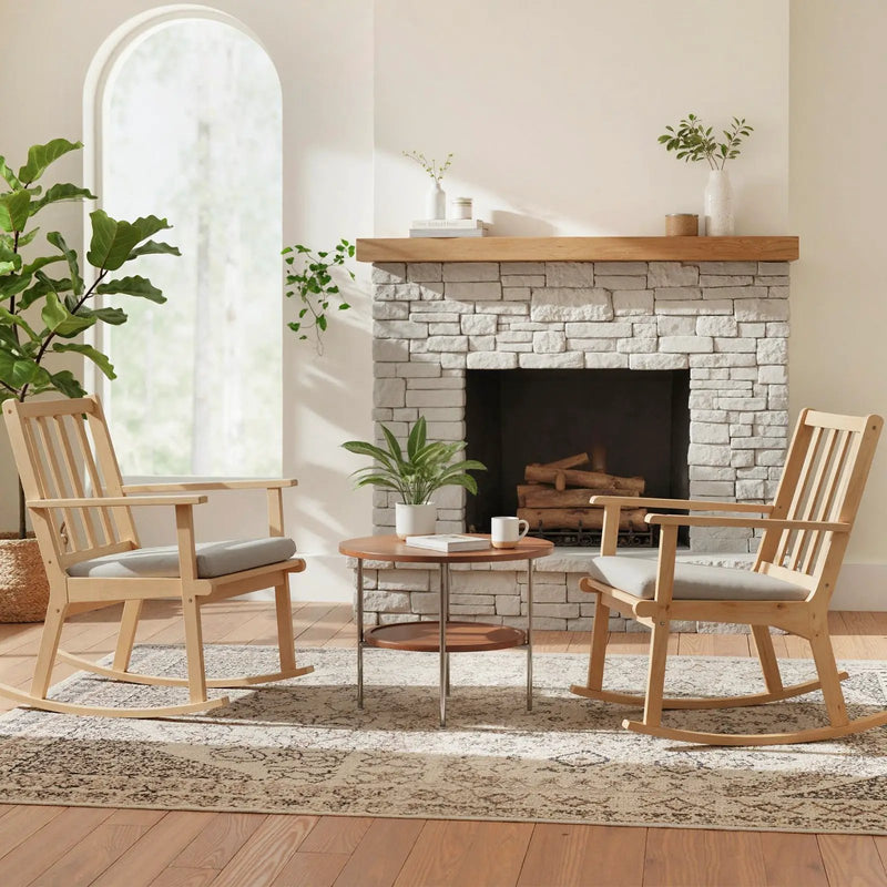 Rocking Chair with Cushion Solid Rubber Wood Rocker with Padded Seat-Natural by DirectDeals