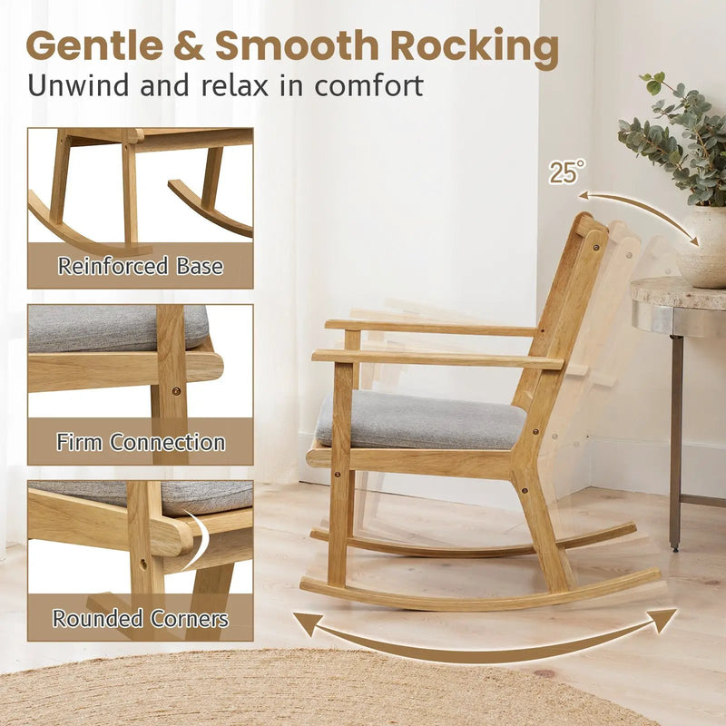 Rocking Chair with Cushion Solid Rubber Wood Rocker with Padded Seat-Natural by DirectDeals