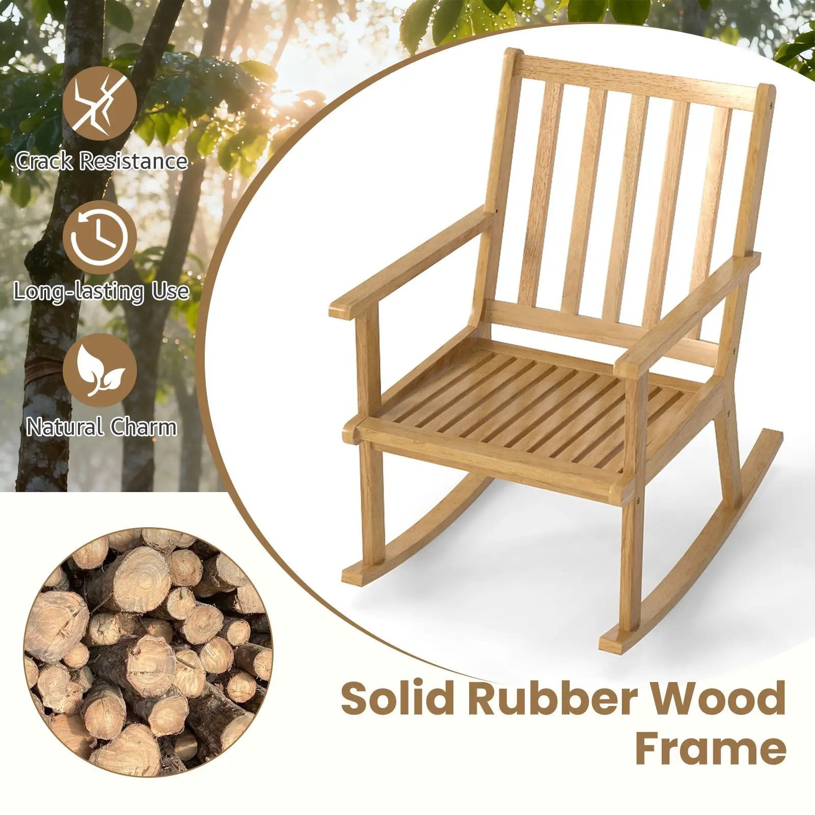 Rocking Chair with Cushion Solid Rubber Wood Rocker with Padded Seat-Natural by DirectDeals