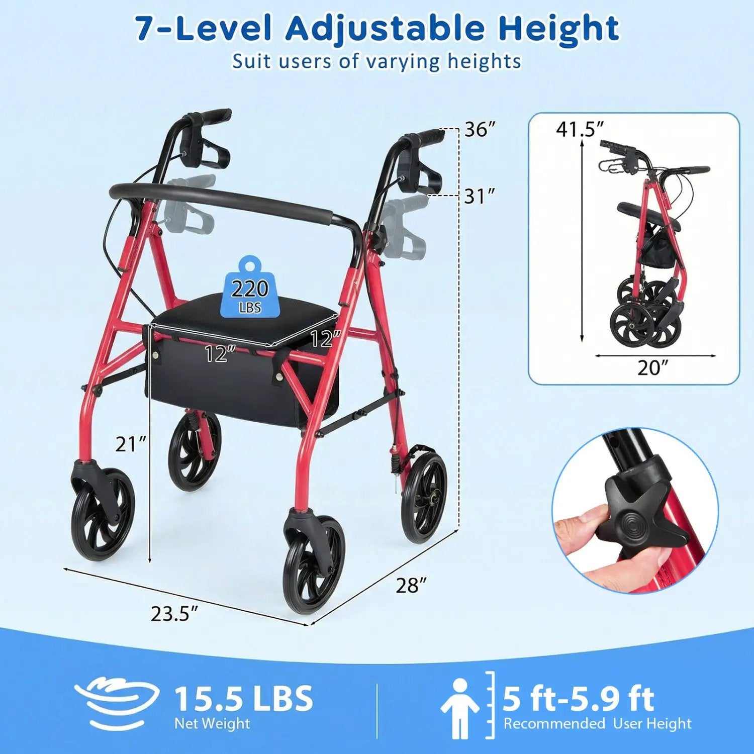Rollator Walker with Seat and Height Adjustable Handles by DirectDeals