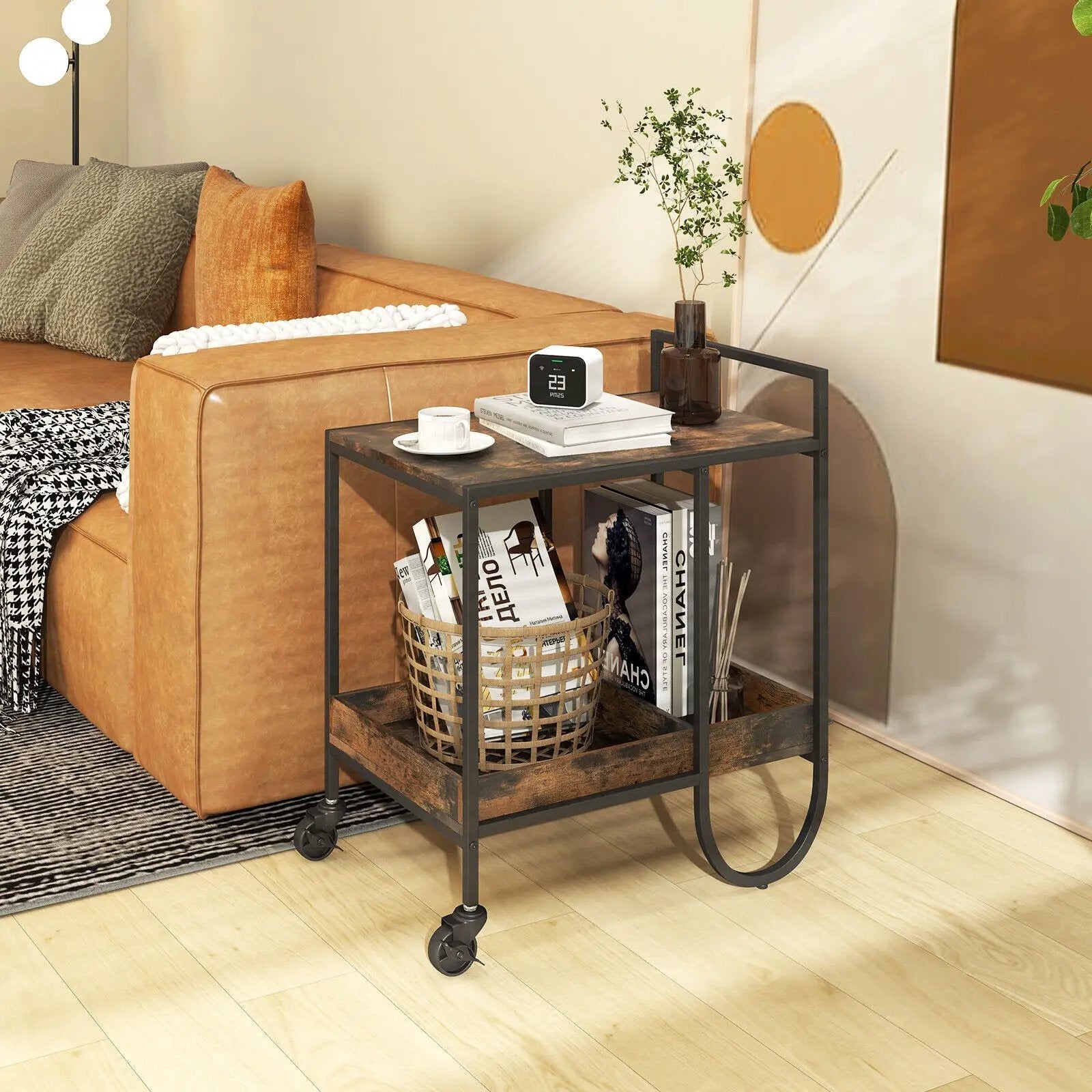 Rolling Buffet Serving Cart with Removable Metal Wire Wine Rack-Brown by DirectDeals