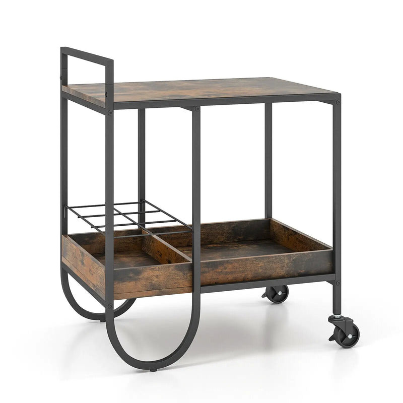 Rolling Buffet Serving Cart with Removable Metal Wire Wine Rack-Brown by DirectDeals