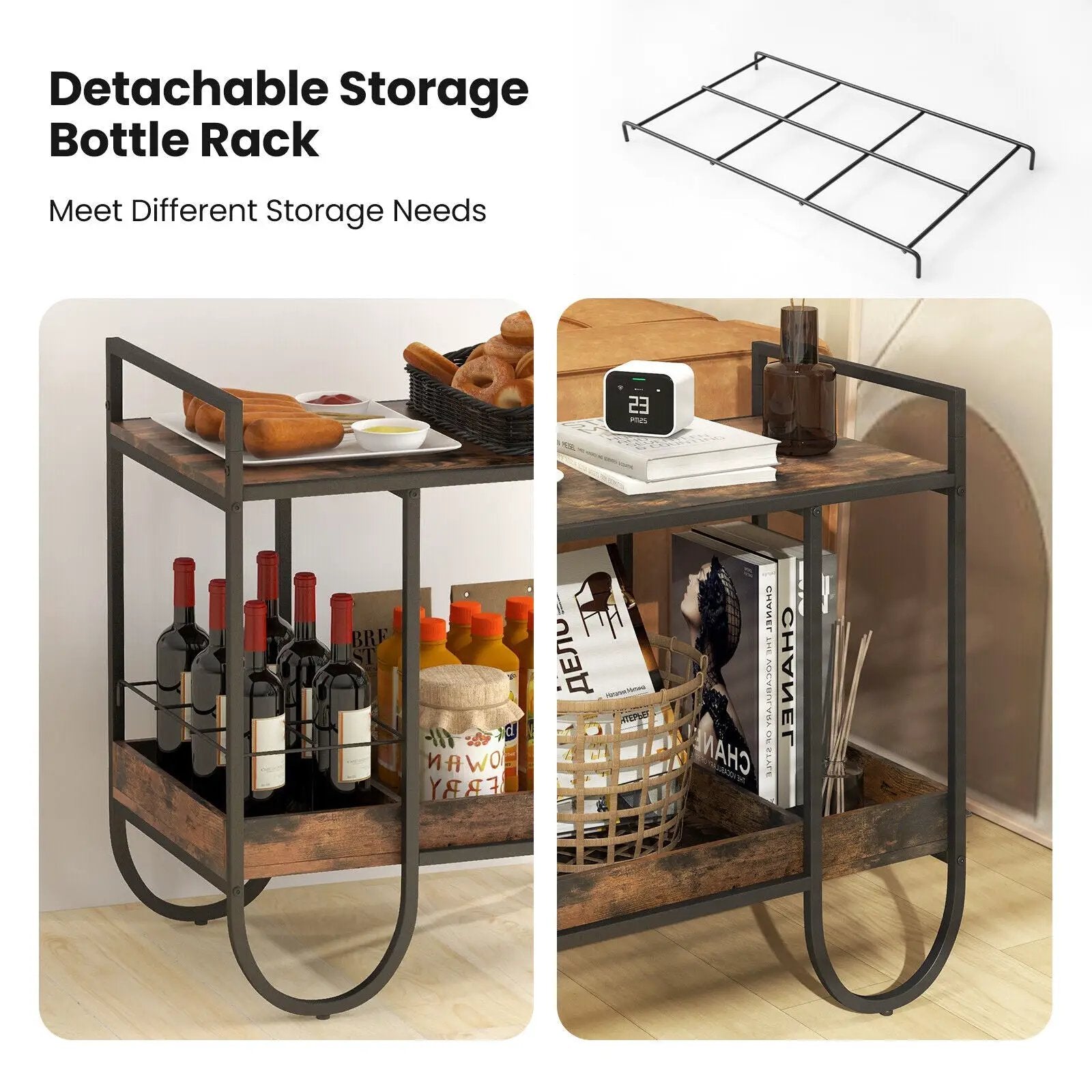 Rolling Buffet Serving Cart with Removable Metal Wire Wine Rack-Brown by DirectDeals