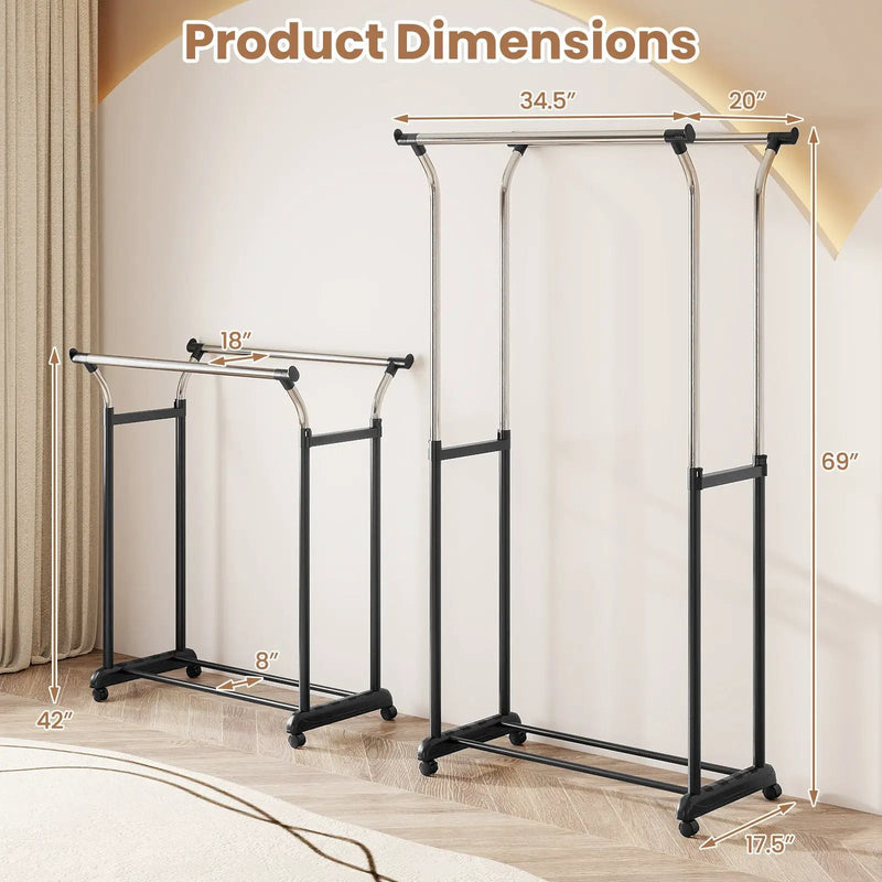 Rolling Clothes Rack Double Rod Garment Rack with Adjustable Height by DirectDeals