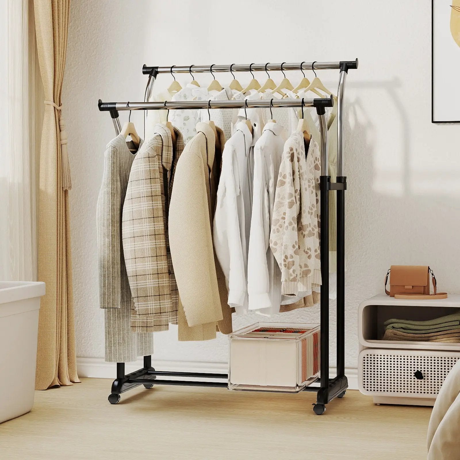 Rolling Clothes Rack Double Rod Garment Rack with Adjustable Height by DirectDeals