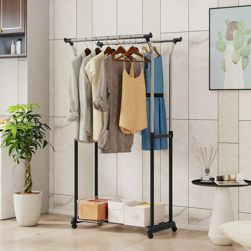 Rolling Clothes Rack Double Rod Garment Rack with Adjustable Height by DirectDeals
