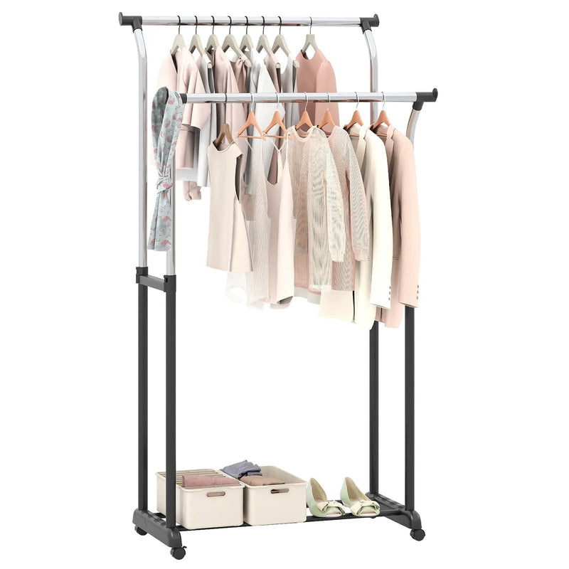Rolling Clothes Rack Double Rod Garment Rack with Adjustable Height by DirectDeals