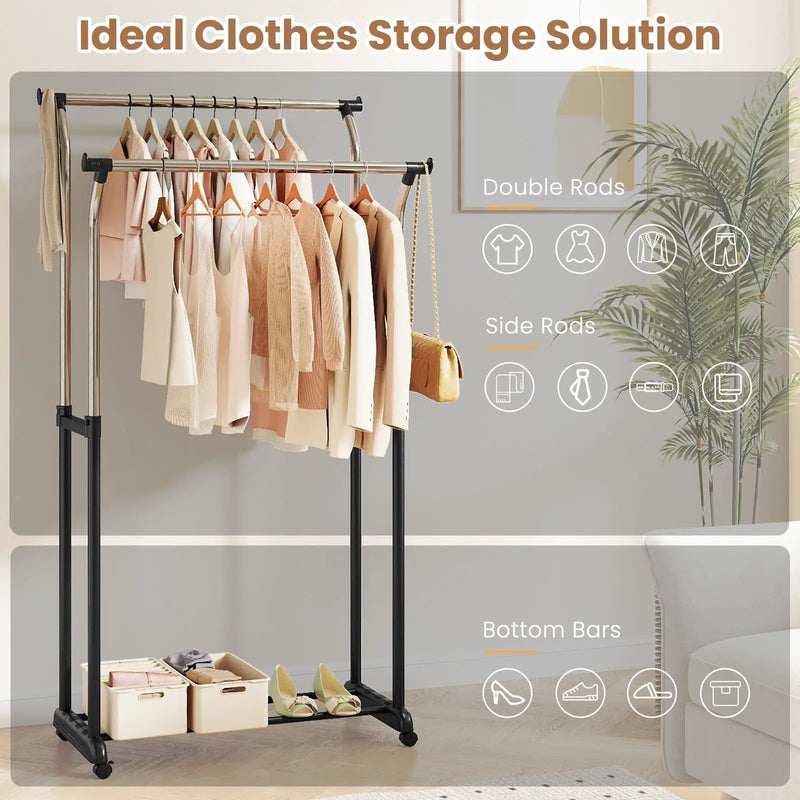 Rolling Clothes Rack Double Rod Garment Rack with Adjustable Height by DirectDeals