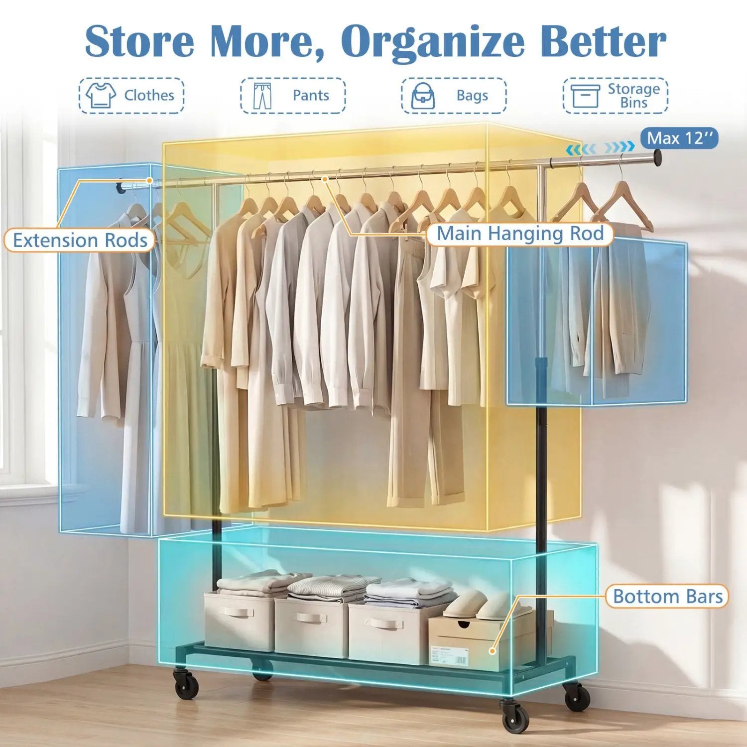 Rolling Clothes Rack Extendable Garment Stand for Hanging Clothes by DirectDeals