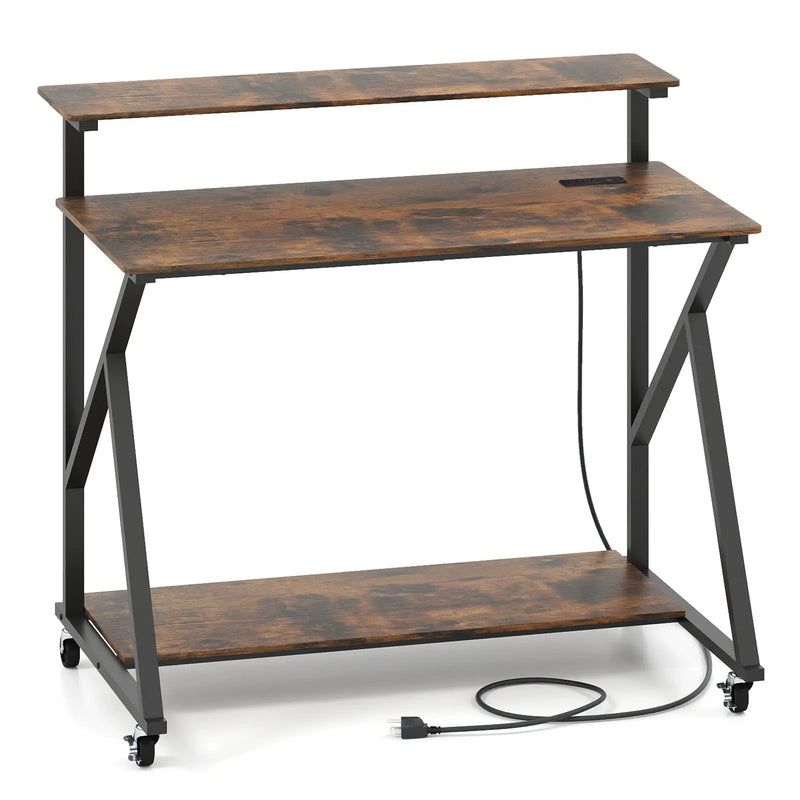 Rolling Computer Desk with Charging Station and Monitor Shelf Storage for Home Office by DirectDeals