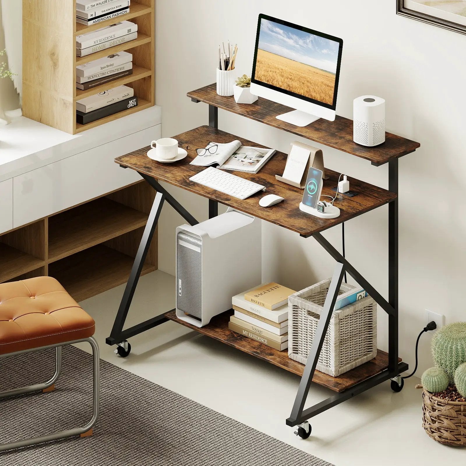 Rolling Computer Desk with Charging Station and Monitor Shelf Storage for Home Office by DirectDeals