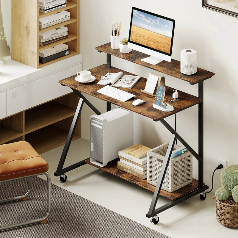 Rolling Computer Desk with Charging Station and Monitor Shelf Storage for Home Office by DirectDeals