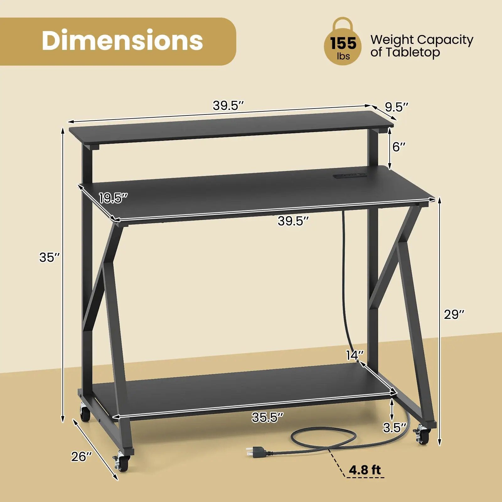 Rolling Computer Desk with Charging Station and Monitor Shelf Storage for Home Office by DirectDeals