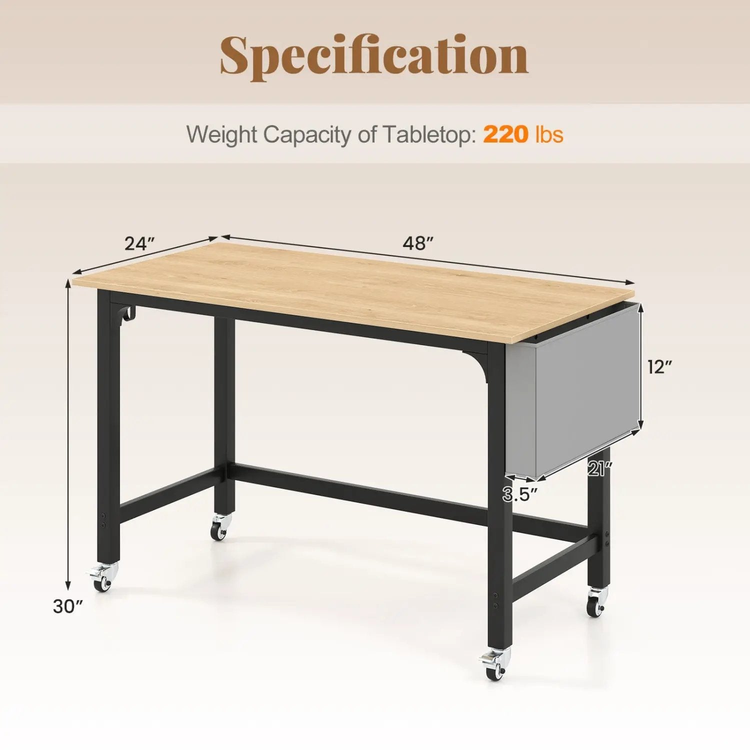 Rolling Computer Desk with Lockable Wheels 48" x 24" by DirectDeals