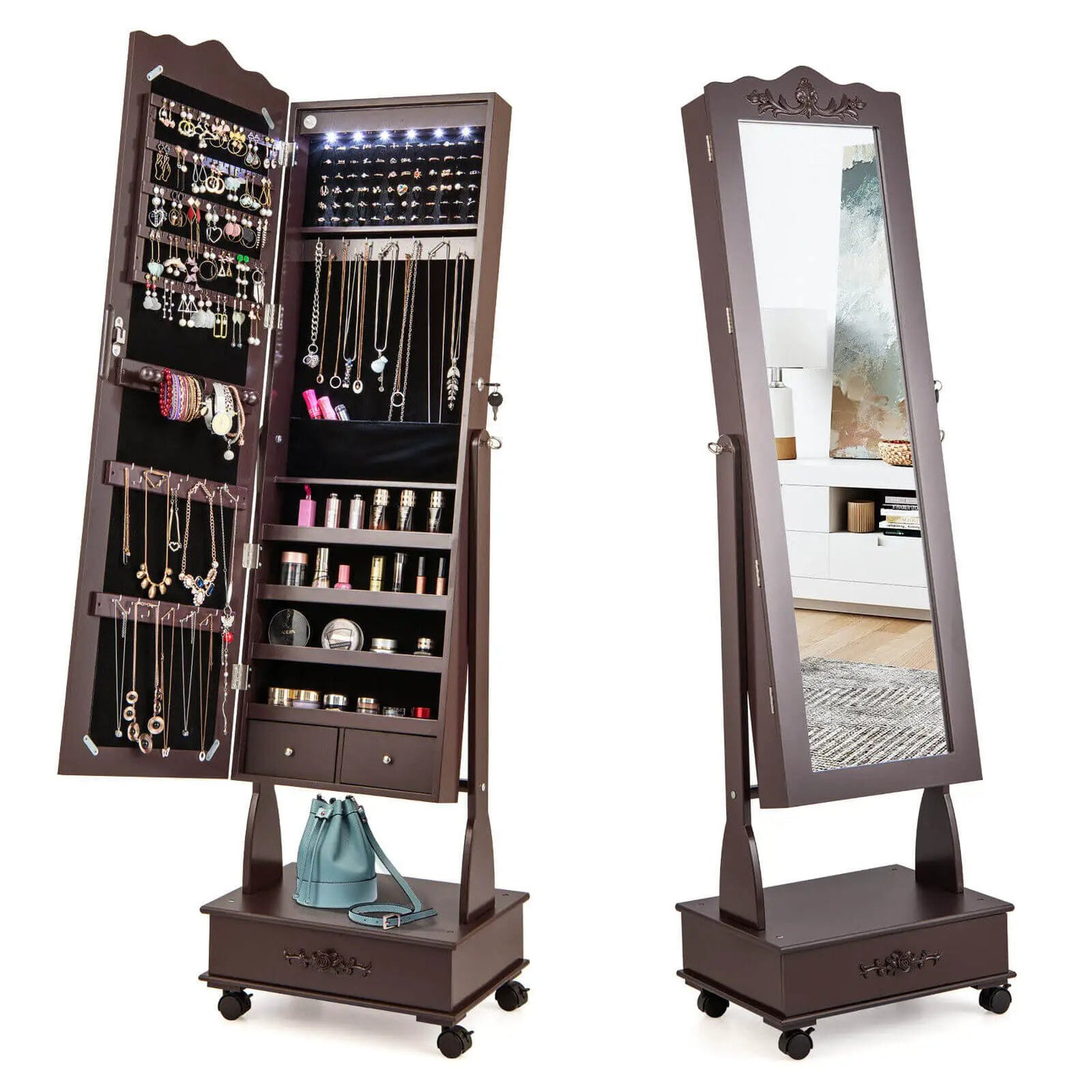 Rolling Floor Standing Mirrored Jewelry Armoire with Lock and Drawers by DirectDeals