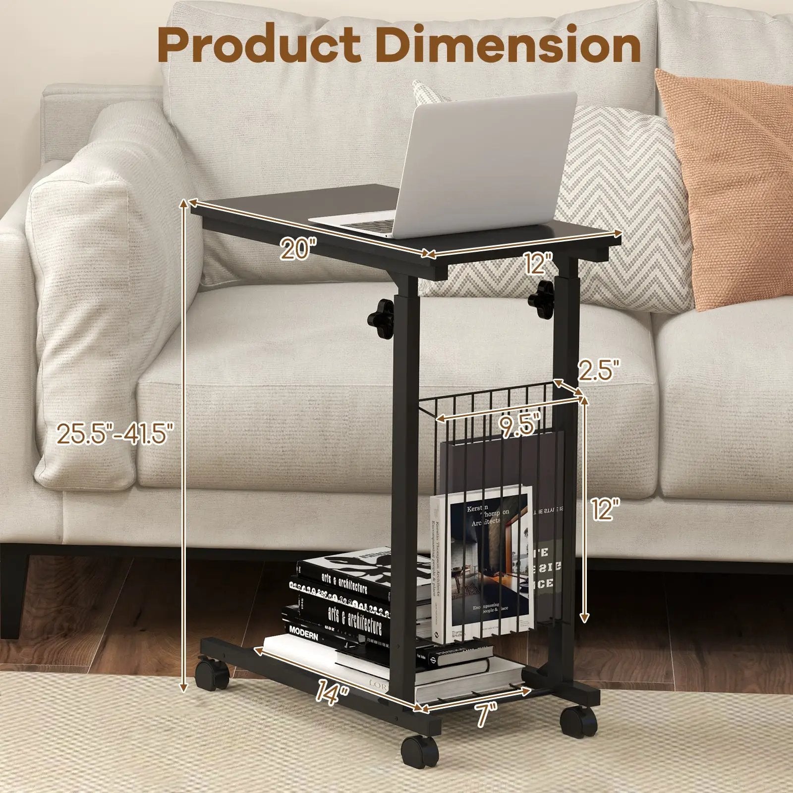 Rolling Height Adjustable Sofa End Side Table by DirectDeals
