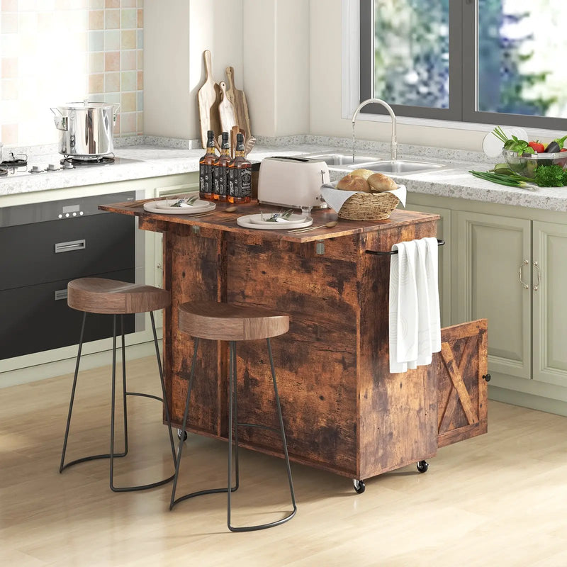 Rolling Kitchen Island Cart with Drop Leaf and Wine Rack-Rustic Brown by DirectDeals
