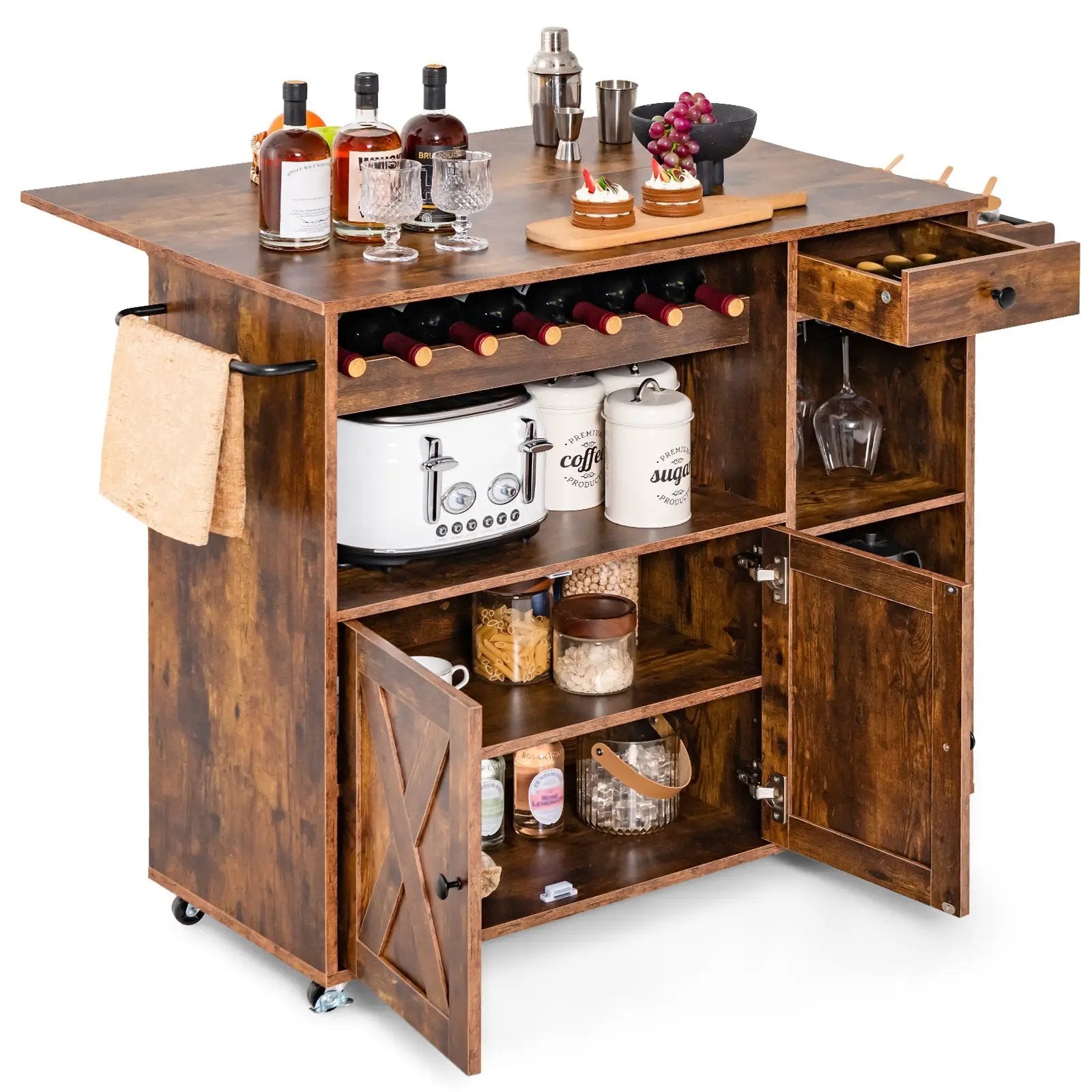 Rolling Kitchen Island Cart with Drop Leaf and Wine Rack-Rustic Brown by DirectDeals