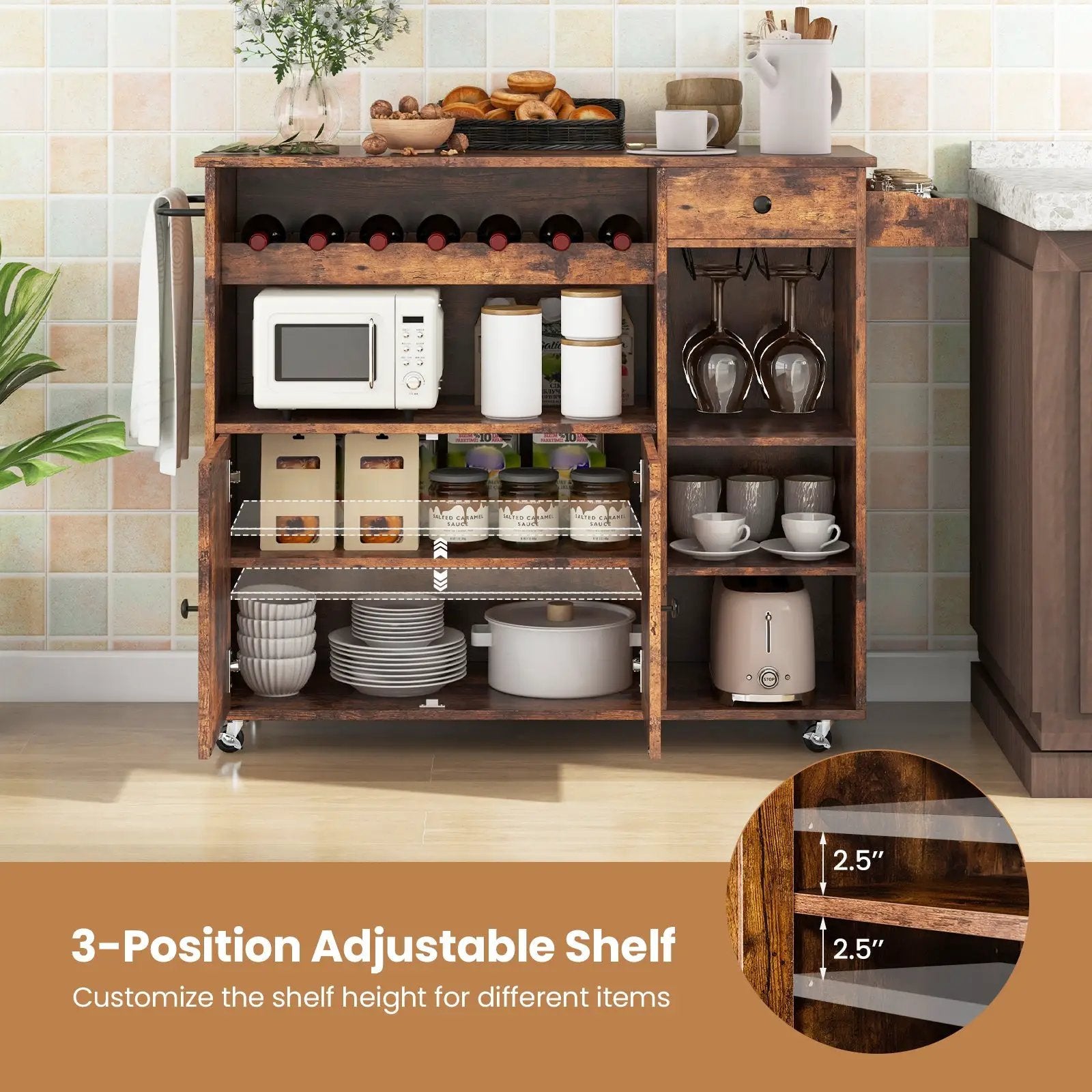 Rolling Kitchen Island Cart with Drop Leaf and Wine Rack-Rustic Brown by DirectDeals