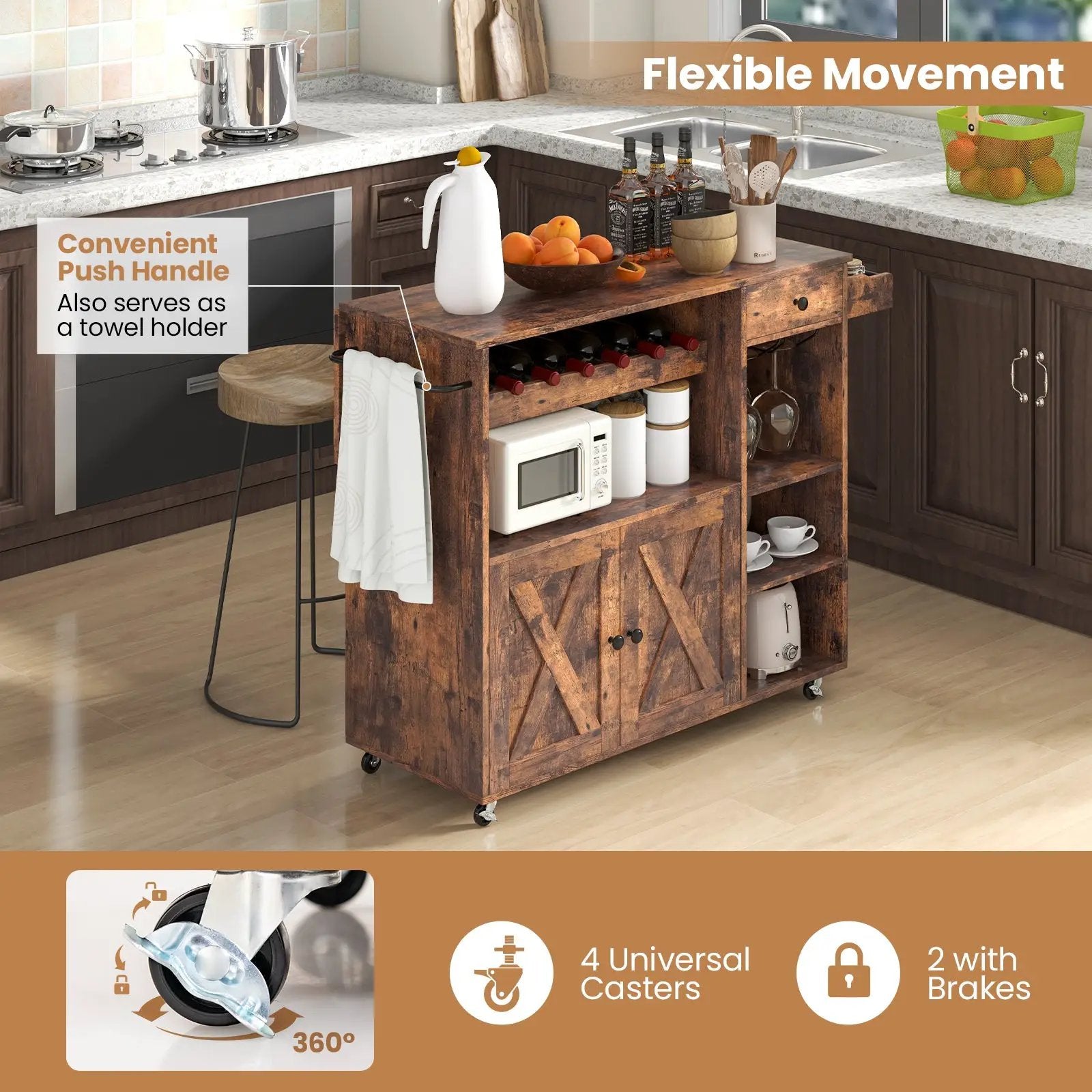 Rolling Kitchen Island Cart with Drop Leaf and Wine Rack-Rustic Brown by DirectDeals