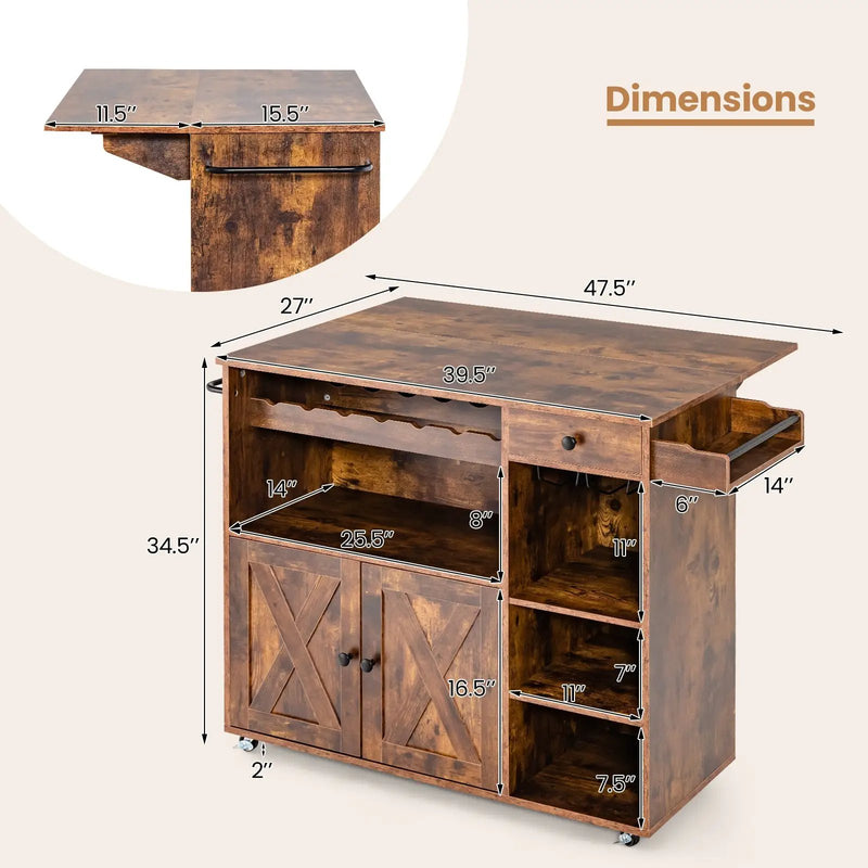 Rolling Kitchen Island Cart with Drop Leaf and Wine Rack-Rustic Brown by DirectDeals