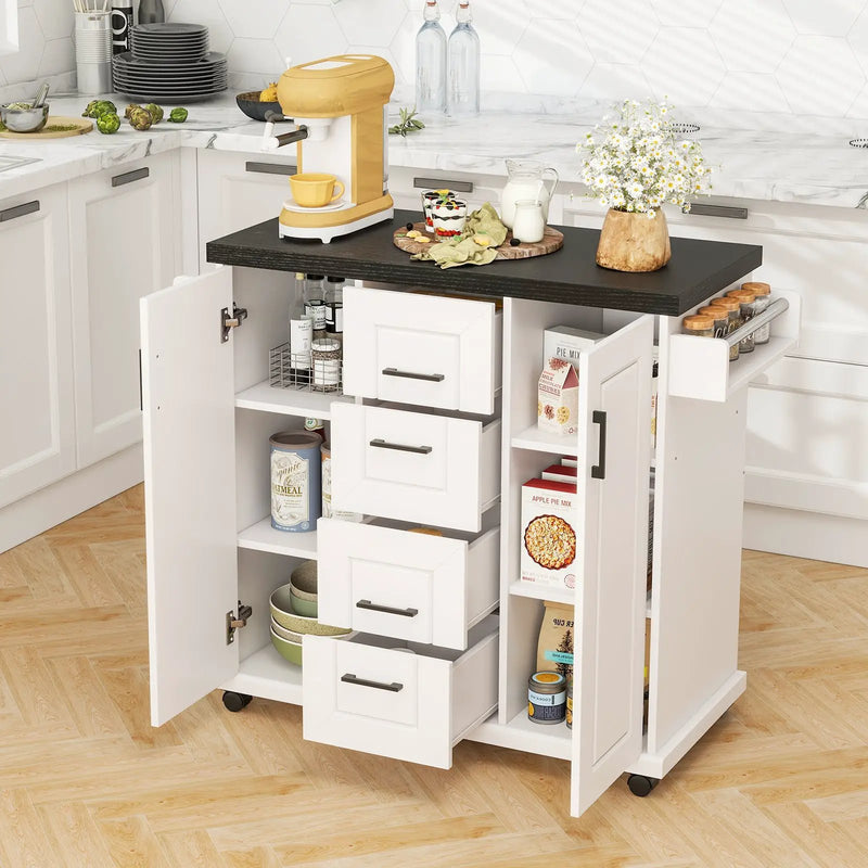 Rolling Kitchen Island Cart on Wheels with Storage Cabinets-White by DirectDeals