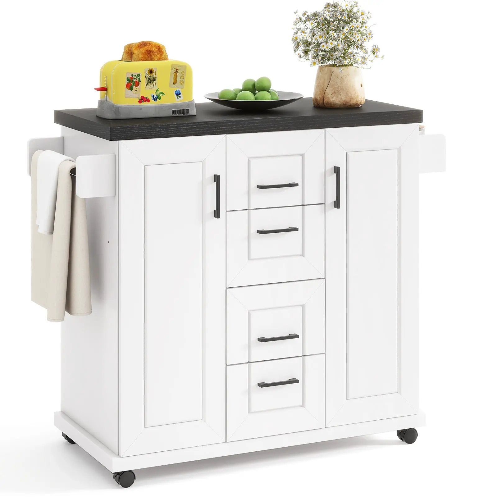 Rolling Kitchen Island Cart on Wheels with Storage Cabinets-White by DirectDeals