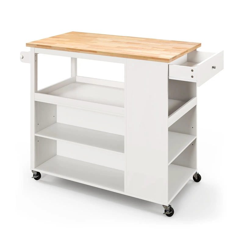 Kitchen Island Trolley Cart on Wheels with Storage Open Shelves and Drawer-White by DirectDeals
