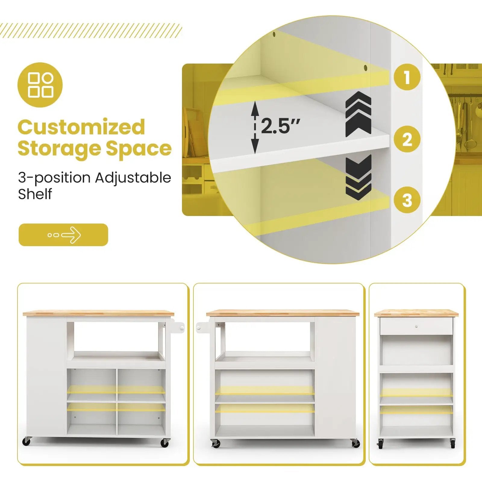 Kitchen Island Trolley Cart on Wheels with Storage Open Shelves and Drawer-White by DirectDeals