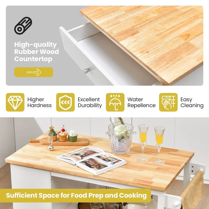 Kitchen Island Trolley Cart on Wheels with Storage Open Shelves and Drawer-White by DirectDeals