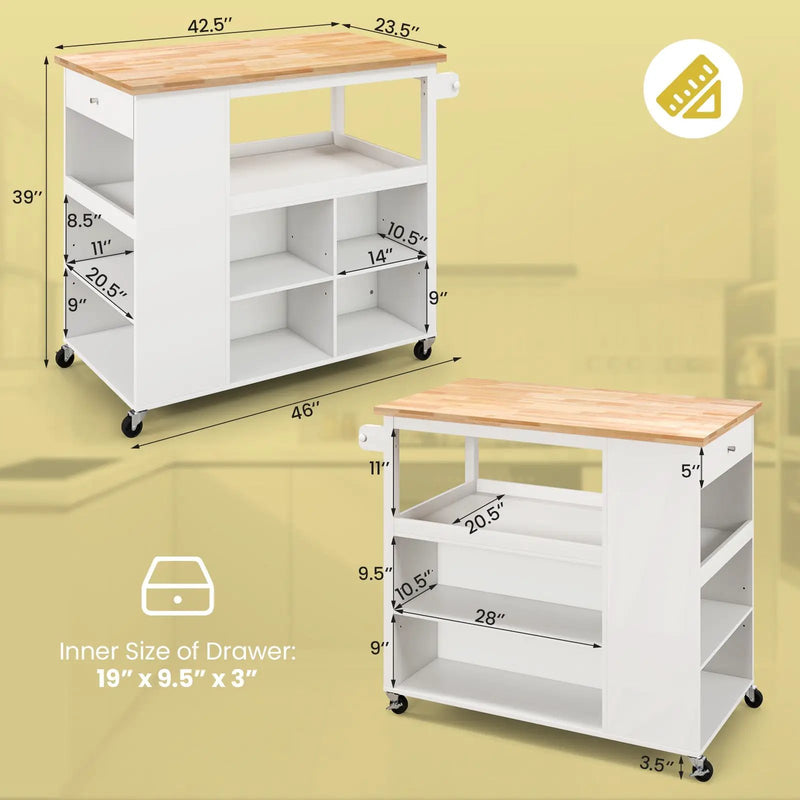 Kitchen Island Trolley Cart on Wheels with Storage Open Shelves and Drawer-White by DirectDeals