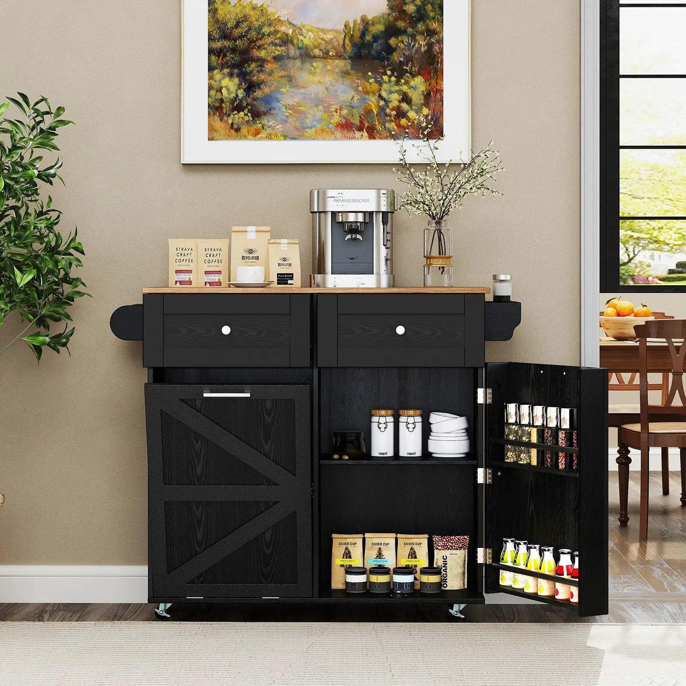 Rolling Kitchen Island with Trash Can Cabinet and Rubber Universal Wheels by DirectDeals