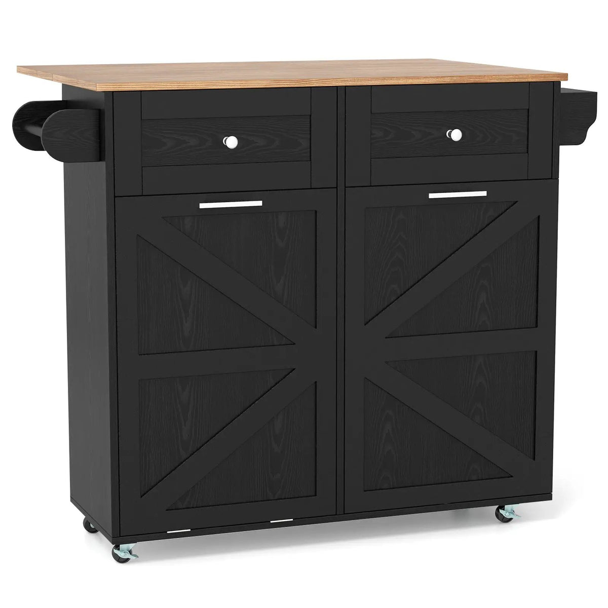Rolling Kitchen Island with Trash Can Cabinet and Rubber Universal Wheels by DirectDeals