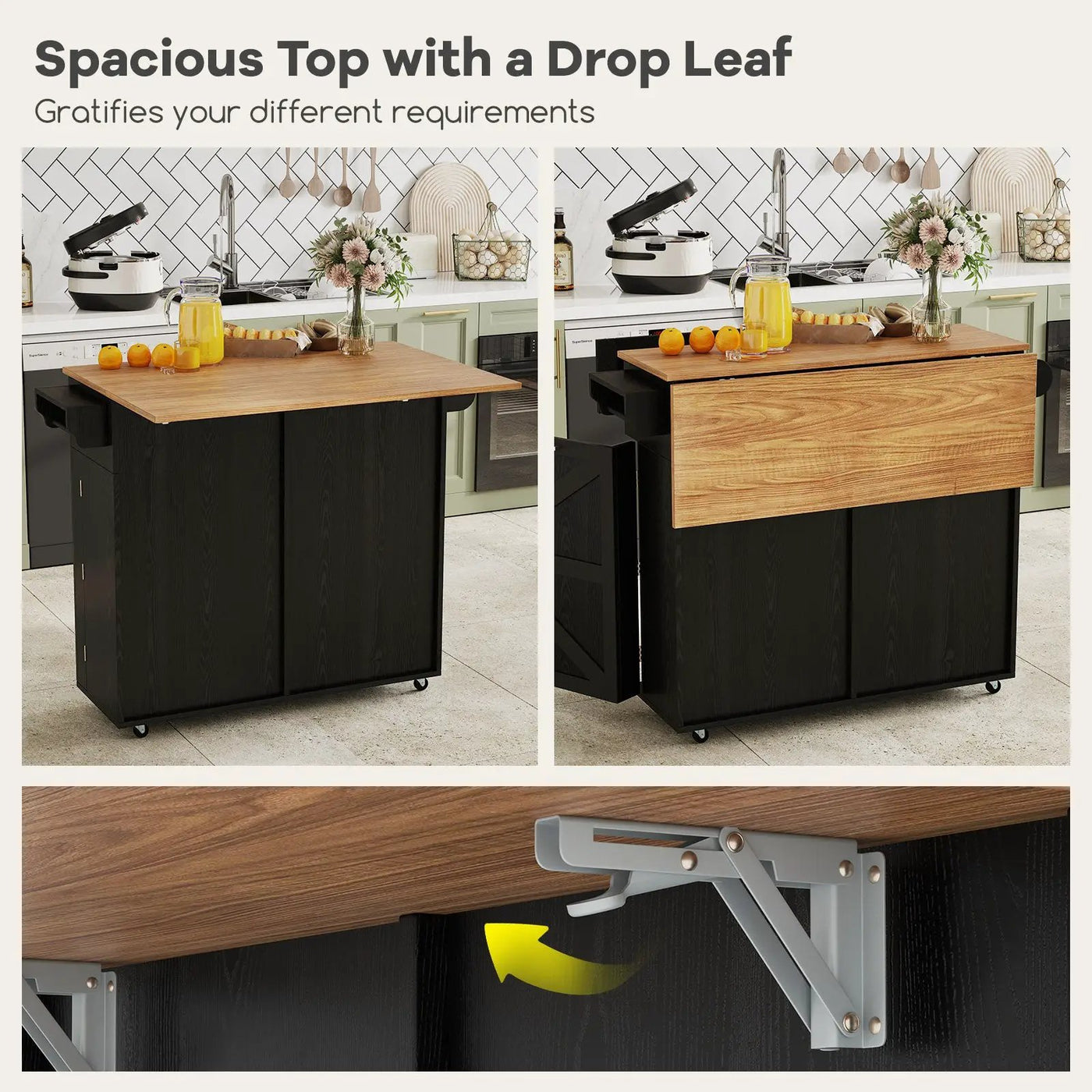 Rolling Kitchen Island with Trash Can Cabinet and Rubber Universal Wheels by DirectDeals