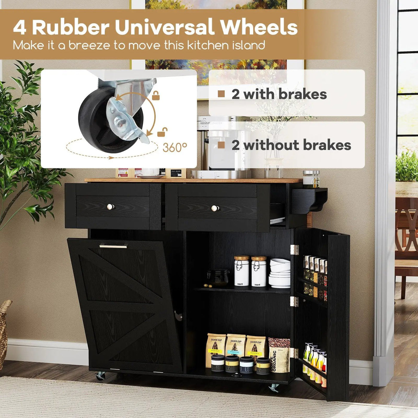 Rolling Kitchen Island with Trash Can Cabinet and Rubber Universal Wheels by DirectDeals