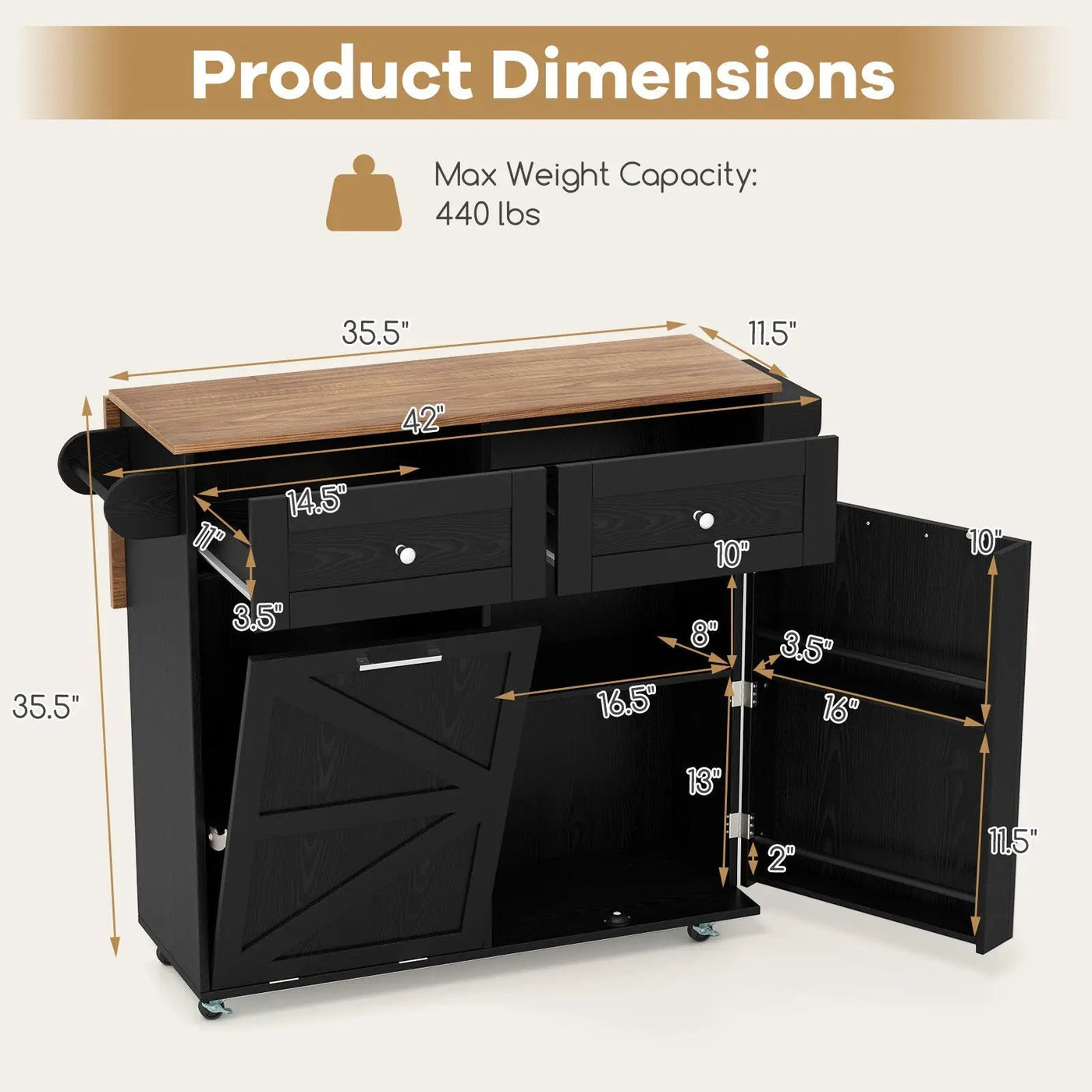 Rolling Kitchen Island with Trash Can Cabinet and Rubber Universal Wheels by DirectDeals