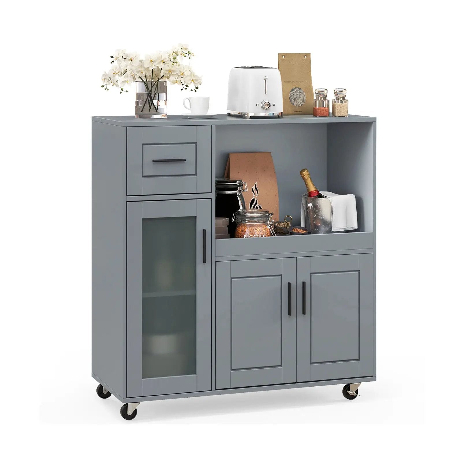 Rolling Kitchen Island with Wheels Drawer and Glass Door Cabinet-Gray by DirectDeals