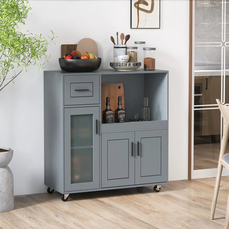 Rolling Kitchen Island with Wheels Drawer and Glass Door Cabinet-Gray by DirectDeals
