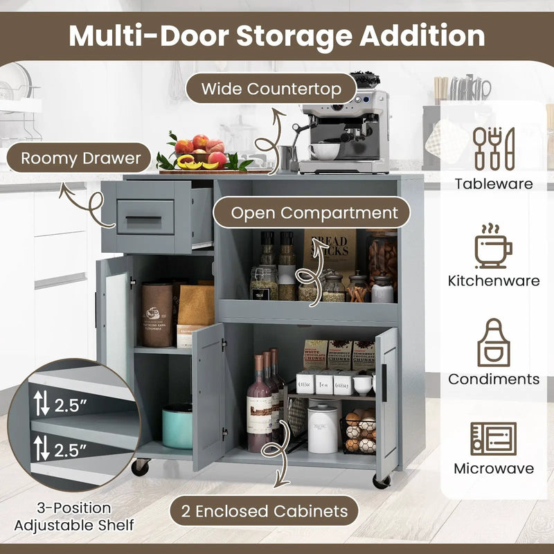 Rolling Kitchen Island with Wheels Drawer and Glass Door Cabinet-Gray by DirectDeals