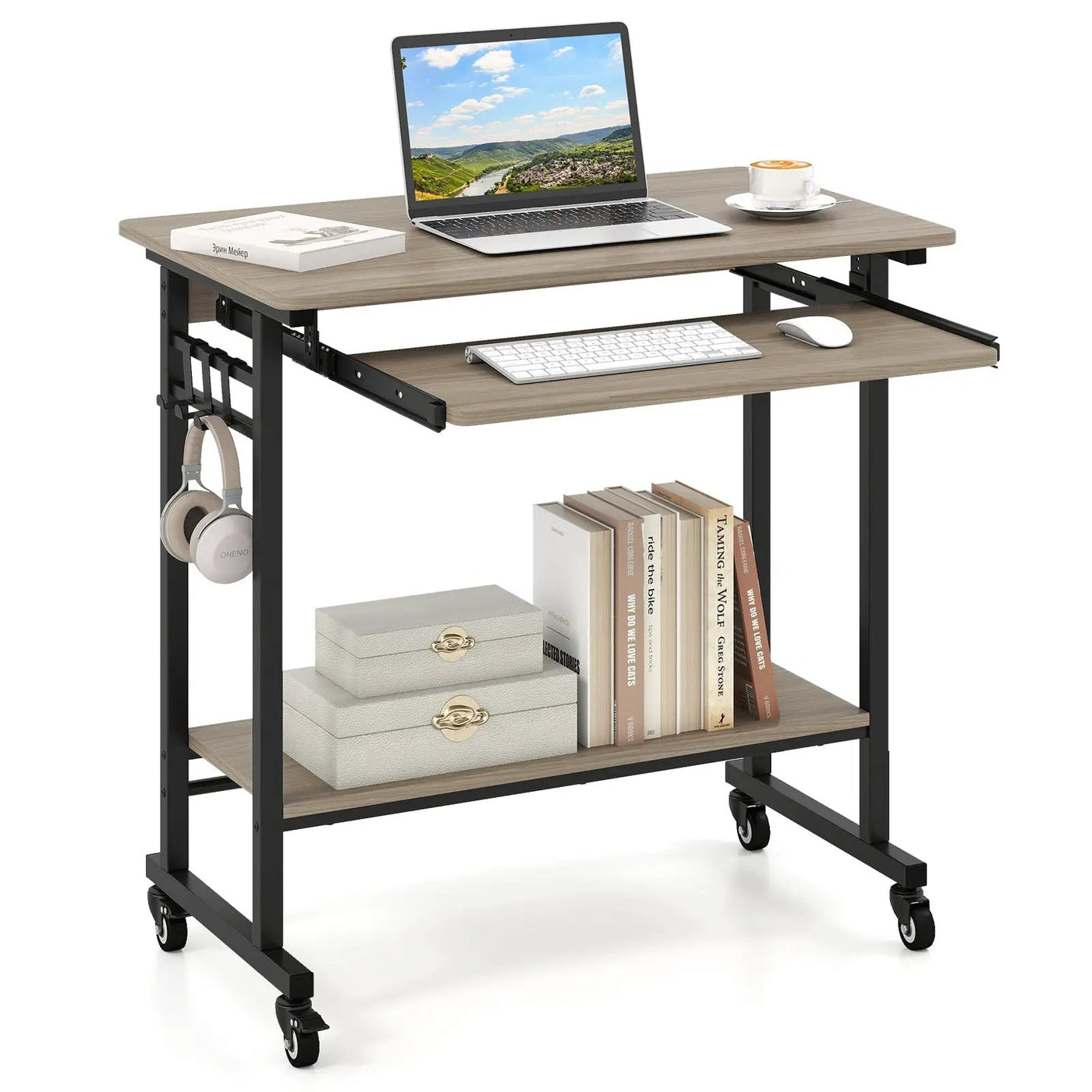 Rolling Laptop Table with Pull-out Keyboard Tray and Hooks by DirectDeals