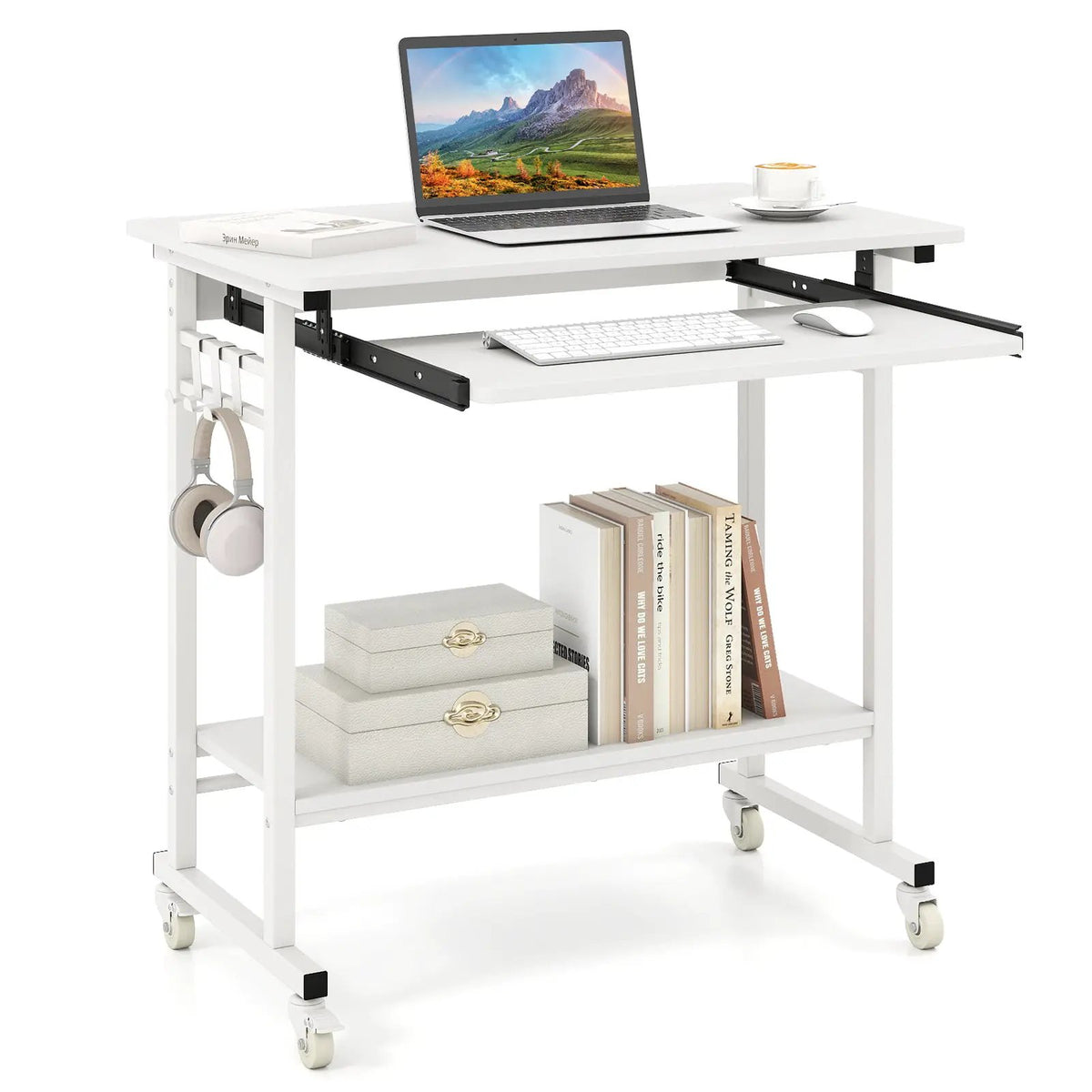 Rolling Laptop Table with Pull-out Keyboard Tray and Hooks by DirectDeals