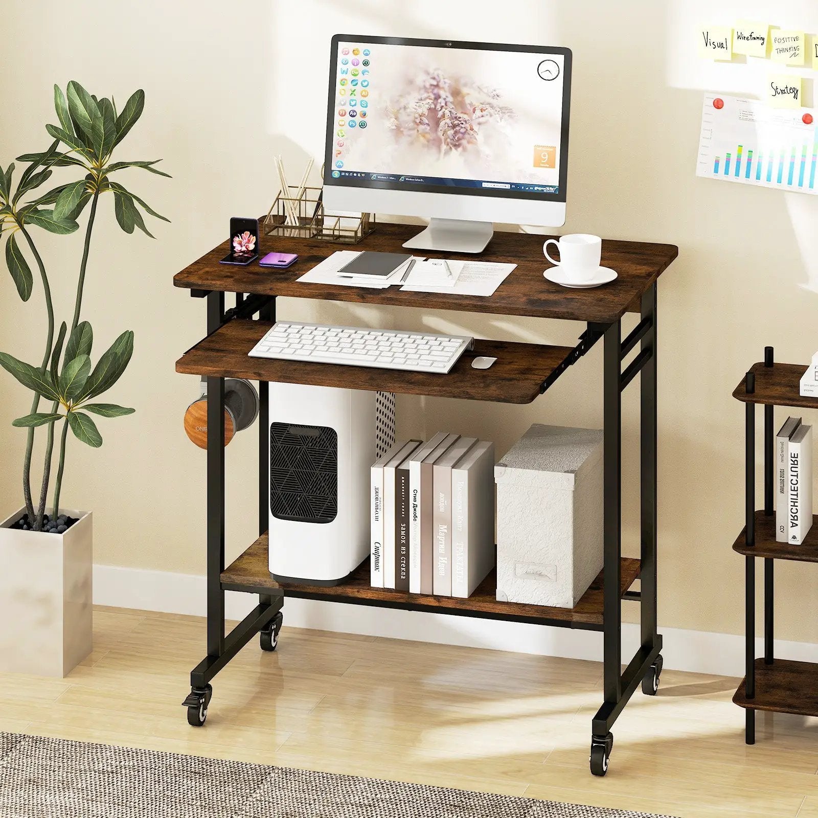 Rolling Laptop Table with Pull-out Keyboard Tray and Hooks by DirectDeals