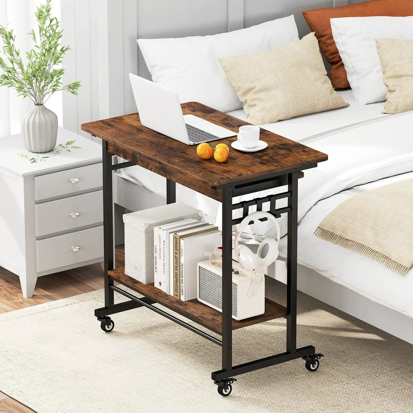 Rolling Laptop Table with Pull-out Keyboard Tray and Hooks by DirectDeals