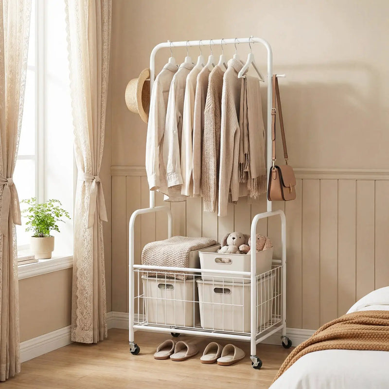 Rolling Metal Clothes Rack with Hanging Rod and Storage Basket by DirectDeals