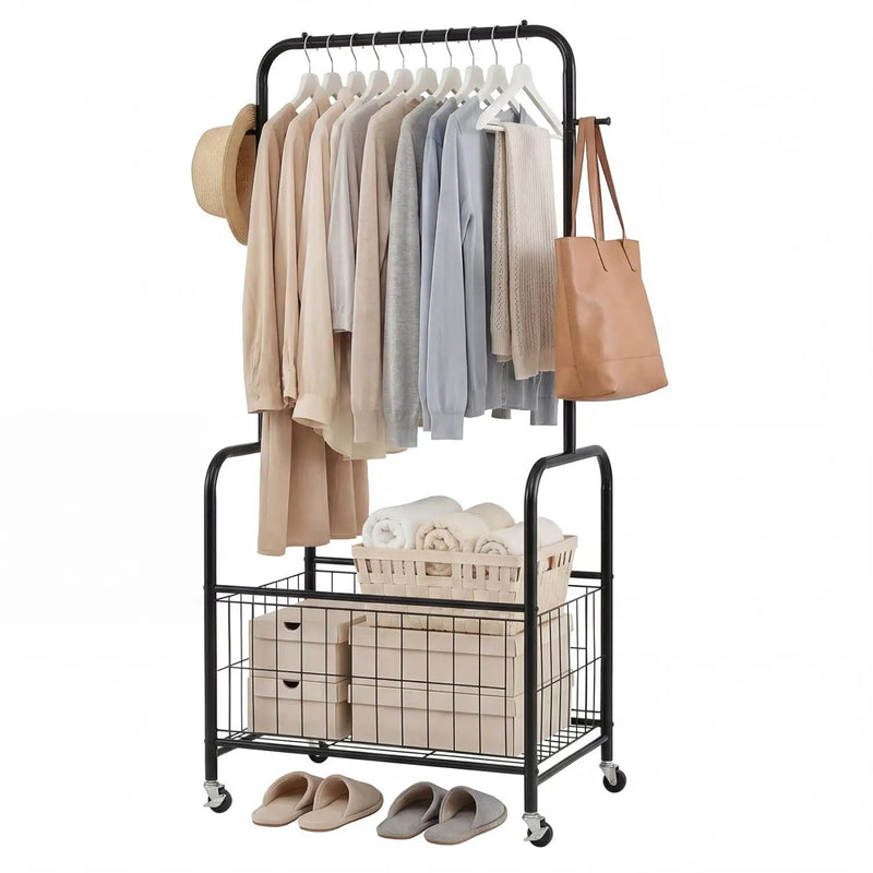 Rolling Metal Clothes Rack with Hanging Rod and Storage Basket by DirectDeals