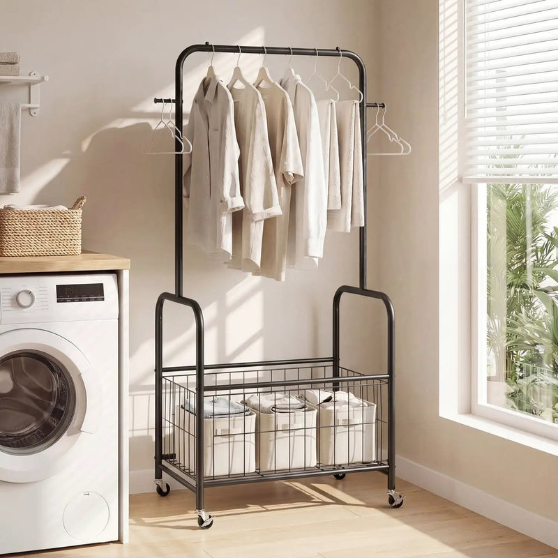 Rolling Metal Clothes Rack with Hanging Rod and Storage Basket by DirectDeals