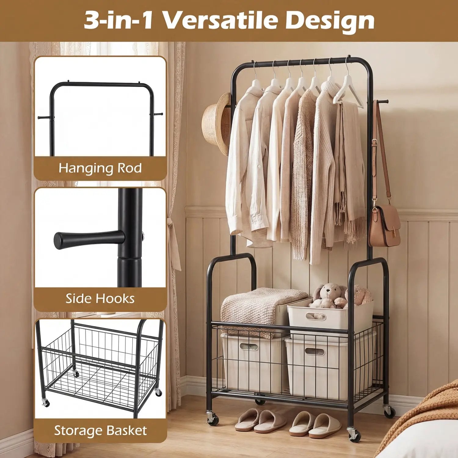 Rolling Metal Clothes Rack with Hanging Rod and Storage Basket by DirectDeals