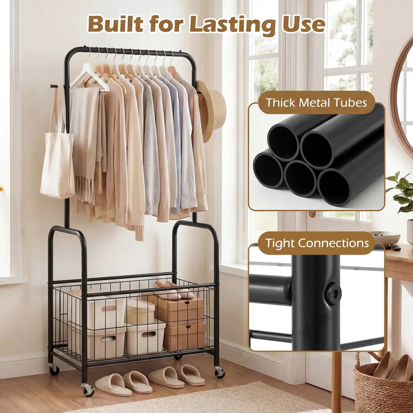Rolling Metal Clothes Rack with Hanging Rod and Storage Basket by DirectDeals
