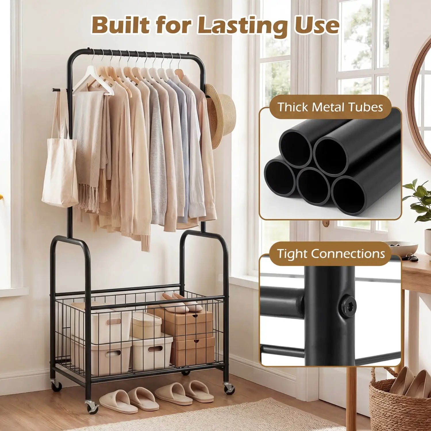 Rolling Metal Clothes Rack with Hanging Rod and Storage Basket by DirectDeals